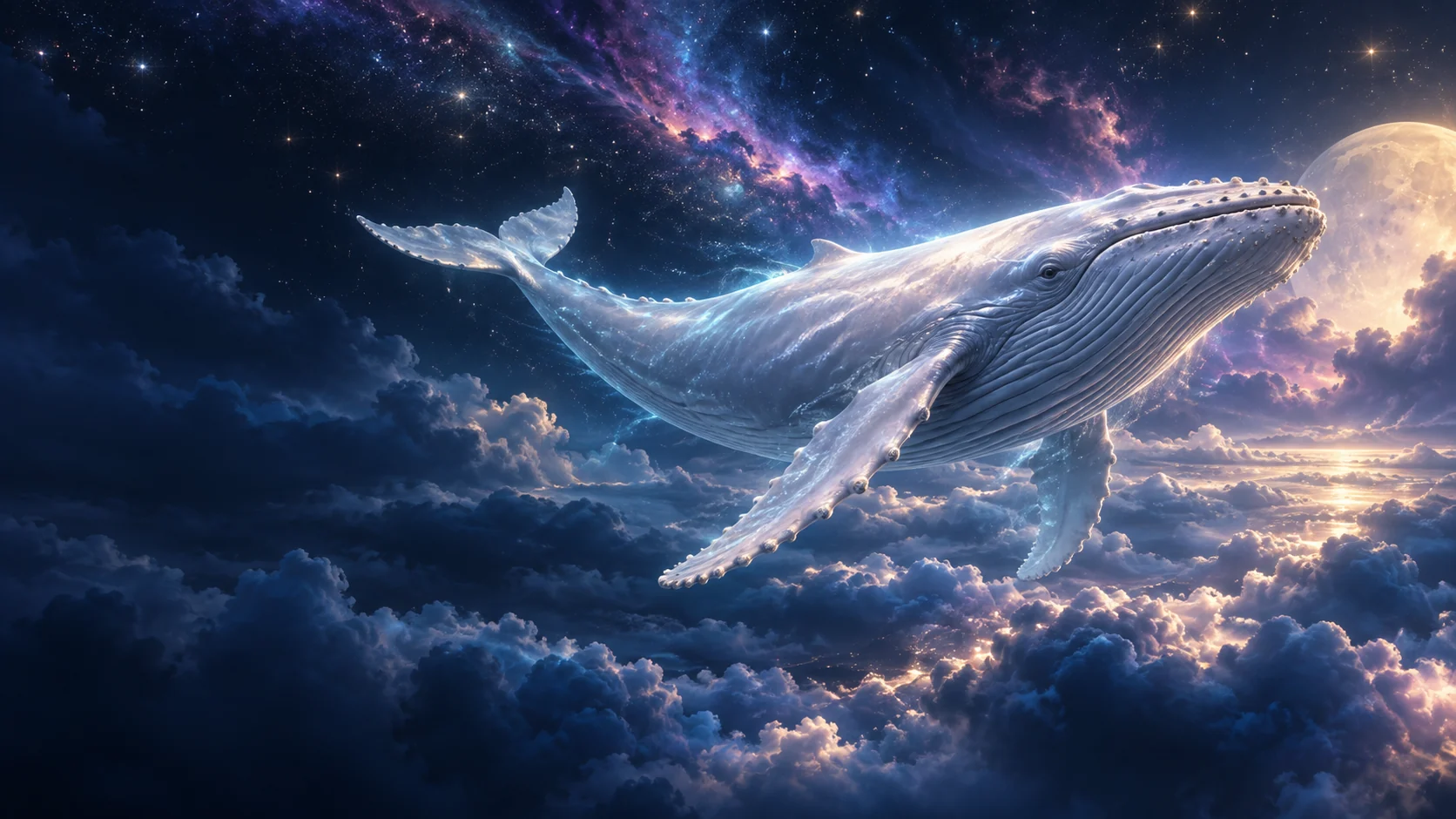 GPT 生成的銀白色鯨魚，在星空與雲海之間悠遊的創作情境